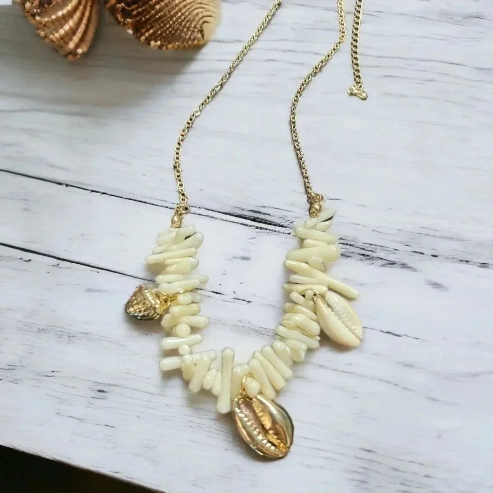 18k DOUBLE Gold Plated Brass Cowrie and Shell Charm Necklace